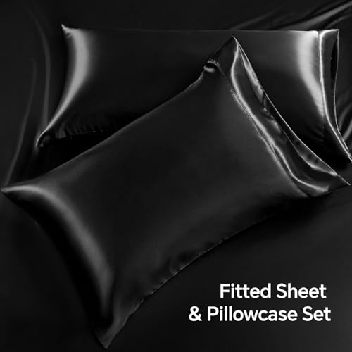 BEDELITE Satin Fitted Sheet and Pillowcases Set, Luxury Soft Similar to Silk Bottom Bed Sheet with Elastic Corner Straps, Deep Pocket up to 15 Inch, 1 Fitted Sheet and 2 Pillowcases(King, Black)