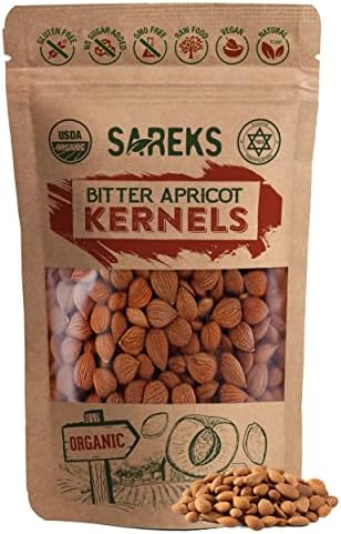 Sareks Bitter Apricot Seeds Organic Raw - Resealable Bag (10oz) %100 USDA Organic Certified, Non-GMO, Raw, Kosher, Vegan, Gluten-Free, Fresh and Clean by SAREKS