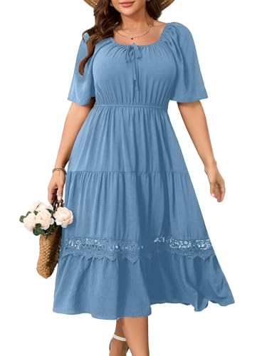 Image of RWJ Women's Plus Size Maxi Dress Short Sleeve Square Neck Flowy A-Line Lace Trim Flutter Party Casual Off Shoulder Dresses