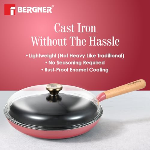 Image of BERGNER Excalibur Lightweight Cast Iron Frypan with Lid 28cm, Sturdy Wooden Handle, Non-Stick Coating, PFAS Free, Perfect Heat Distribution, Elegant Design - Induction Compatible (Pink)