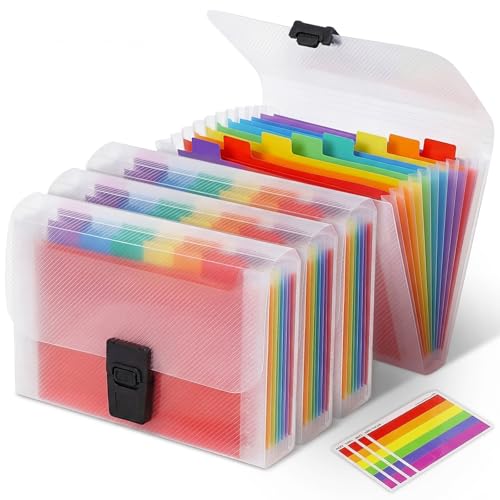 4 Pack Expanding File Folder A6 Size 13 Pockets Portable Rainbow Document Organiser Multicoloured Plastic Expandable Organizer Wallet Case with Colored Labels Index