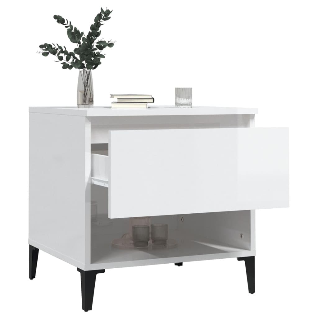 Stoliki pomocnicze 2 szt. biały wysoki połysk 50 x 46 x 50 cm materiał drewnopochodny z szufladą i półką do przechowywania, przemysłowy stolik kawowy z metalowymi nóżkami i uchwytem ściennym