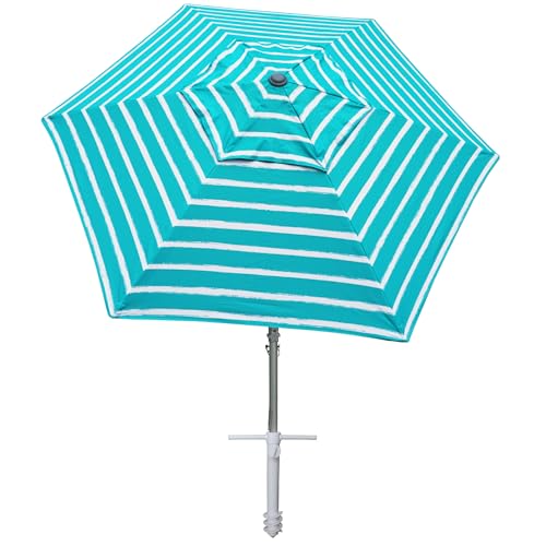 AMMSUN 8ft Large Beach Umbrellas for Sand Heavy Huty Wind Portable Commercial Grade Patio Beach Umbrella with Sand Anchor Adjustable Height Air Vent UPF 50+ Telescoping Pole without Tilt Teal White