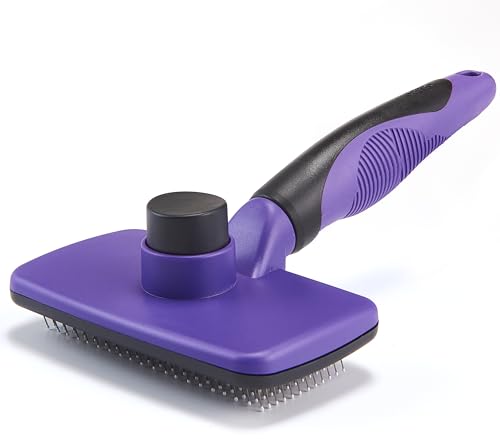 OEFEO Self-Cleaning Slicker Brush for Dogs and Cats, Pet Grooming Brush for Shedding and Loose Fur, Stainless Steel Bristles, Textured Grip, Purple