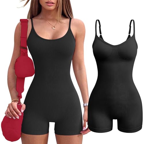 Jetjoy Mono de yoga para mujer, ajustado, sin costuras, suave, sin espalda, acolchado, sexy, mono de una pieza, para mujer, corto, deporte, entrenamiento, verano, Cinta de espagueti negra, M