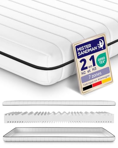 Mister Sandman Matelas 140x200 cm, Épaisseur 15 cm, Matelas en Mousse à 7 Zones, Réversible 2 Faces, Soutien Ferme Equilibré H2 H3, Housse Lavable, Fabriqué en Allemagne