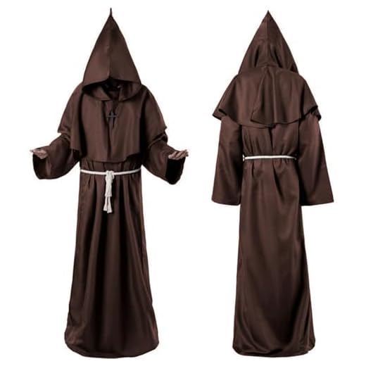 Túnica de Monje, Disfraz de Túnica de Sacerdote para Hombre, Túnica Medieval Marrón L con Capucha, Disfraz de Monje con Cruz y Cordón, Disfraces de Monje para Fiesta Halloween Cosplay Carnaval
