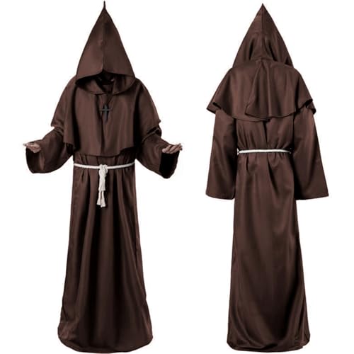 Mönch Robe, Männer Prister Gewand Kostüm, Braun XL Mittelalterliche Robe mit Kapuze, Kostüm Mönch mit Kreuz und Kordel, Herren Mönchskutte Kostüme für Mottoparty Halloween Cosplay Karneval Fasching
