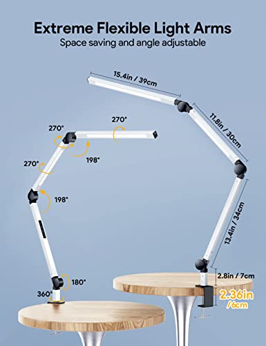 LED Schreibtischlampe, MediAcous Doppelte Lichtquelle Schwenkarm Architektenlampe mit Klemme, 12W Berührungssteuerung Büro Tischlampe mit 4 Farbtemperaturen und Helligkeit Einstellbare