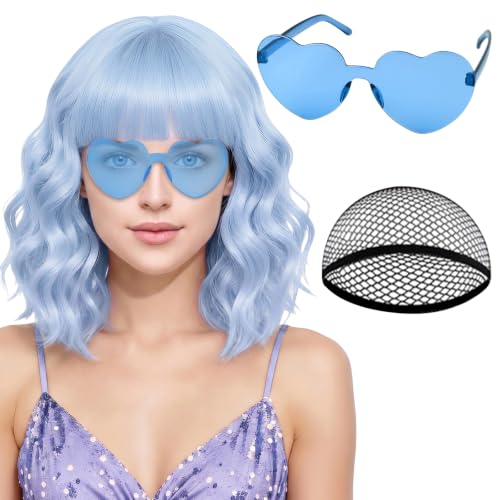 PLULON Light Blue Wavy Bob Wigs with Bangs Heart Sunglasses Hair Cap for Women Colored Synthetic Hair Short Bob Loose Curly Shoulder Length Wigs for Costume Bachelorette Party Music Festival