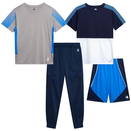 Image of Body Glove Boys Active Pants Set - 4 Piece Short Sleeve Boys Athletic Shirts, Tricot Jogger Pants, and Shorts Activewear Set