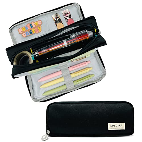 allydrew Large Capacity Pencil Case, 3 Compartment Pencil Pouch for Stationery Pens, Black