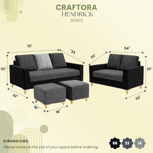Image of Hendrick Plush Velvet 3 Seater + 2 Seater Sofa Set with 2 Ottoman | Silken Velvet Upholstery | Golden Legs | Designer Set for Living Room & Office Spaces (Black, Dark Grey & Light Grey)