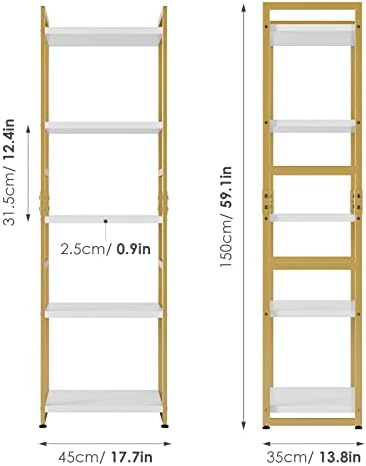 FINETONES 5 Tier Corner Shelf, Narrow Bookshelf with Metal Frame, Modern Display Shelves for Bedroom Living Room Home Office, White and Gold