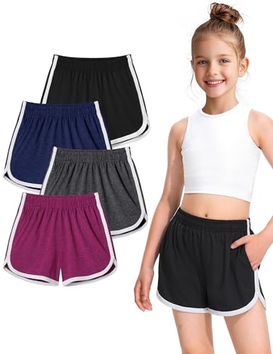 BOOPH 4 Packs Girls Shorts Quick Dry Kids Athletic Soccer Running Dolphin Shorts with Pockets