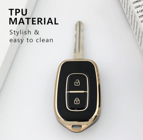 Image of TPU Car Key Cover Black & Golden Compatible for Renault Triber, Kwid, Kiger, Duster Daatsun Redi-Go (Renault & Nissan, 2 Button Remote Key New)