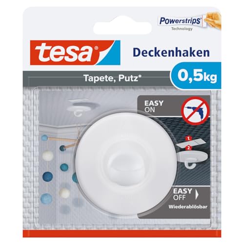 tesa Deckenhaken Tapeten und Putz - Selbstklebender Haken - Ideal Zur Befestigung Von Deko-Objekten - Spurlos Ablösbar, Weiß, 1 x 0,5 Kg