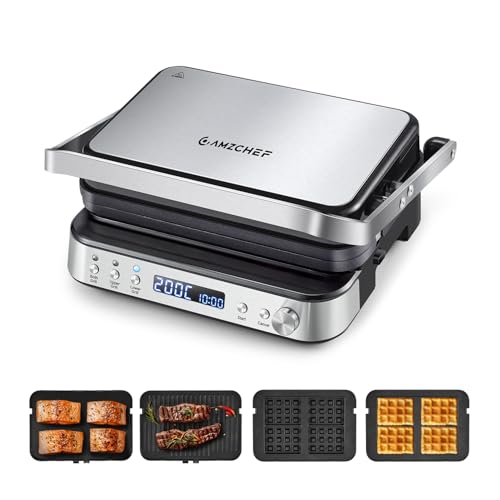 AMZCHEF Parrilla Eléctrica 4 en 1 2000W – Parrilla de Contacto, Sandwichera, Gofrera y Grill Panini con Placas Extraíbles Antiadherentes, Temperatura Ajustable 80 230°C y Temporizador