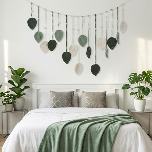 Boho Makramee Wandbehang mit Blättern, Holzstab und Perlen, Naturgrün, 75x120 cm, inkl. 10 Clips & 2 Nägel – Bild 7