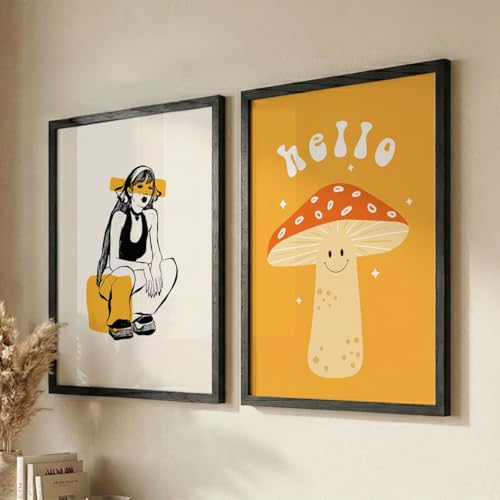 Image of NoWorries Aesthetic Pop Art Wall Framed Painting Set | Girl Illustration & Cute inchHello inch Mushroom Art Prints | Premium 300 GSM Paper Print with Synthetic Wooden Frames | Modern Abstract Wall Decor for Living Room, Bedroom & Office (Set of 2) (BLACK, ART-1, 13X19INCHES)
