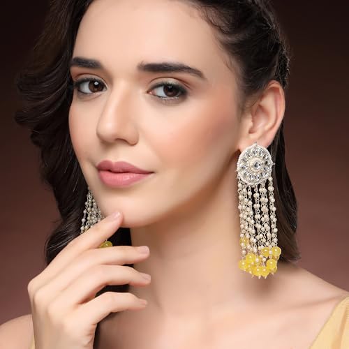 Image of Zeneme Earring Gold Plated Beaded Handcrafted Bahubali Inspired Devsena Jhumka Fringed Dangle Jewellery For Girl And Women