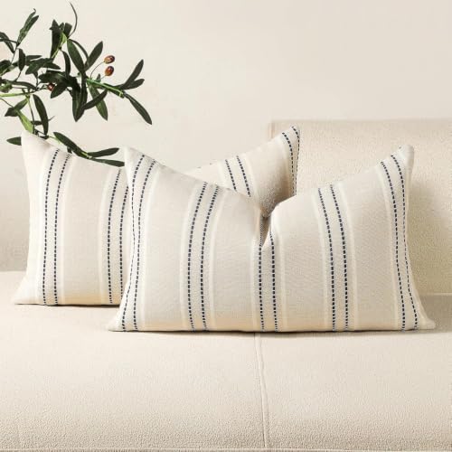 Image of Hckot Stripe Throw Pillow Covers 12x24 Lumbar Navy Blue Pillow Covers | Farmhouse Decorative Pillows Textured Cushion Covers for Sofa Couch Bed Living Room Decor