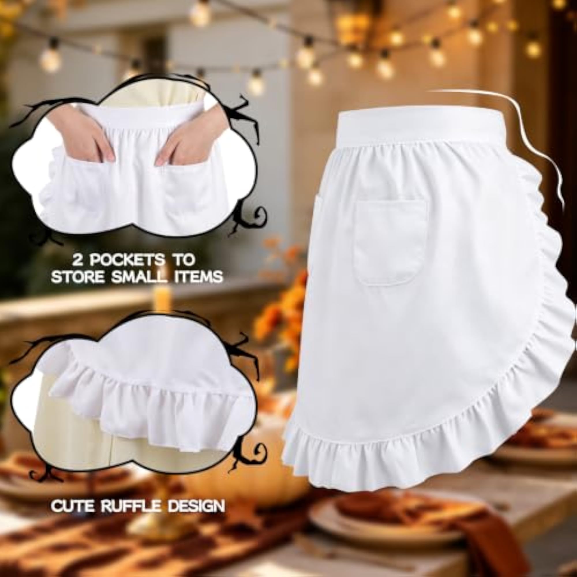 White Waist Apron with Pockets for Women, Maid Half Apron with Ruffle
