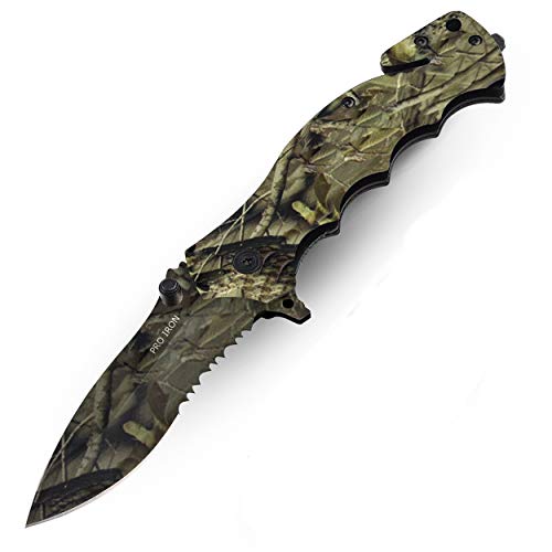 Pro Iron Assisted Opening Serrated Edge Outdoor Survival Camping Hunting Knife Stainless Steel Protective Black Oxide Coating Built-in Seat Belt Cutter and Carry Pocket Clip Woodsmen Camo (1 Knife)