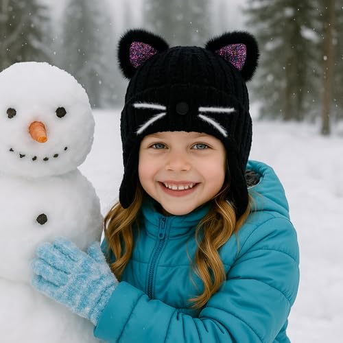 Kids Gils Sequin Cat Ears Beanie Earflap Hats Winter Knitted Hat Warm Snow Skull Skiing Caps 3-14 Years2