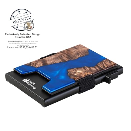 Image of Minimalist Mens Card Holder Wallet, RFID Blocking Slim Smart Pop Up Aluminum Wallet,Holds 12+ Cards,Expandable Compact Plate,Cash Strap /Money Clip (Resin Dark Blue Wood)