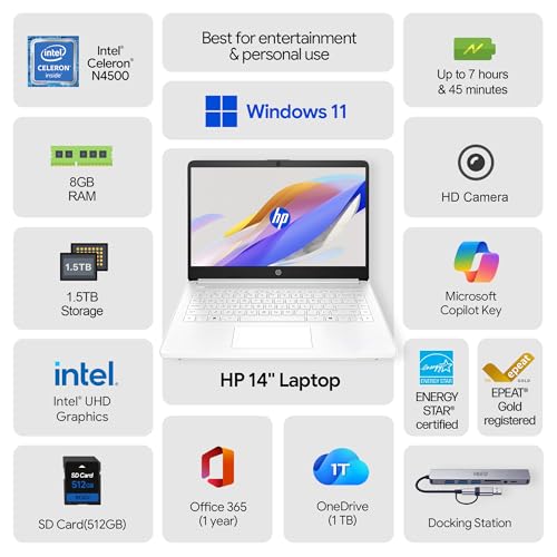 Image of HP 14 inch Laptop . Microsoft 365 Included . 576GB Storage (64GB + 512GB SD) . 4GB RAM . HD Display . 12-Hour Battery . WiFi . Bluetooth . Windows 11 White