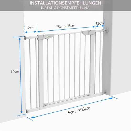 VOUNOT Treppenschutzgitter 75–108cm, ohne Bohren, Türschutzgitter für Kinder, Hunde und Katzen, Auto-Close Treppengitter, Magnetverschluss, 90° Stop, Weiß