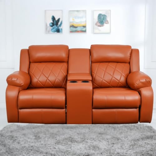 Image of Solis Royale Leatherette Manual 2 Seater Recliner Sofa Chair with Center Console and Cup Holder for Living Room, Bedroom, Office, Home (Tan)