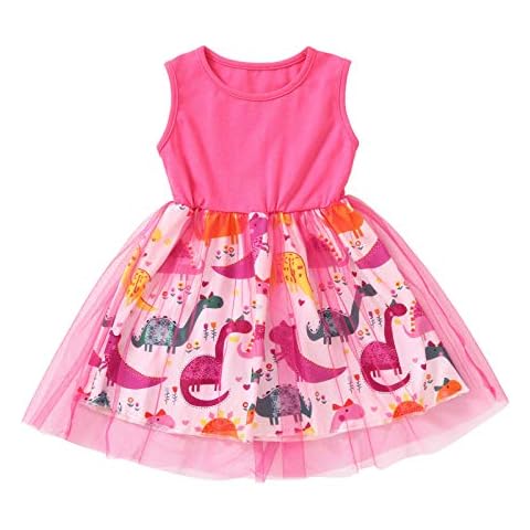 Digood Girls Dress&Skirt,Toddler Kids Baby Girls Sleeveless Patchwork Dinosaur Tulle Dress Party Press,for Kids Eaer Day Feival Birthday Gifts(Pink,4-5 Years),pink Cover