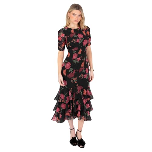 Anaya with Love Women's Midaxi Dress Ladies Recycled Floral Print Ruched Short Sleeve Round Neck Empire Line Tiered Ruffle Keyhole Back, Black 12