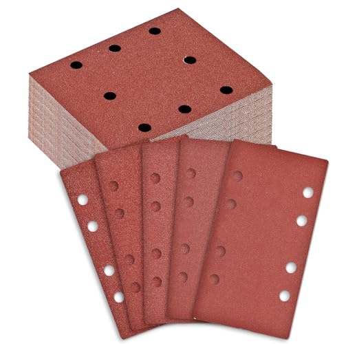 BIGP 100 Feuilles Abrasives Papier de Verre 93x185 mm - Grain 40/60/80/120/240-8 Trous pour Ponceuse Vibrante/Orbitale - Lot pour Ponçage Bois, Métal, Peinture