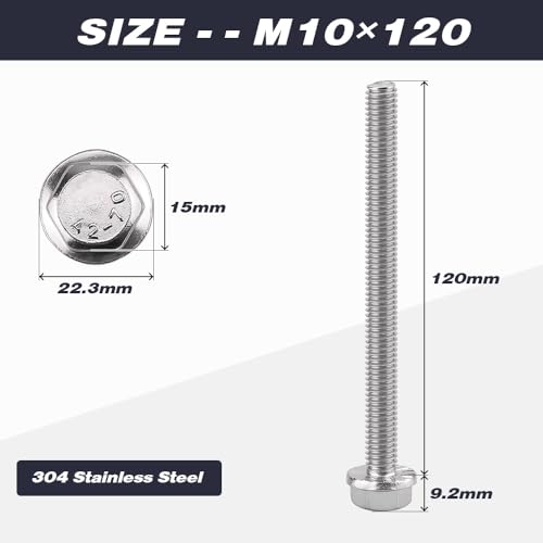 Image of M10-1.5 x 120mm (6 pcs) Flanged Hex Bolts, 304 Stainless Steel 18 /8, Large Washer Head Automotive Screws for Car Parts & Machinery Replacement