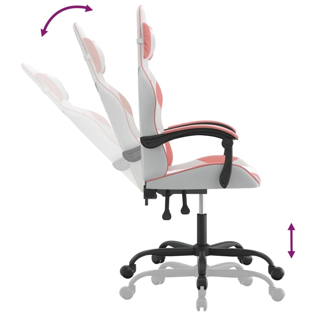 Krzesło gamingowe w kolorze białym i różowym ze sztucznej skóry z regulowanym oparciem i wysokością, ergonomiczne krzesło obrotowe z podłokietnikami, kółkami i wygodnym siedziskiem dla graczy