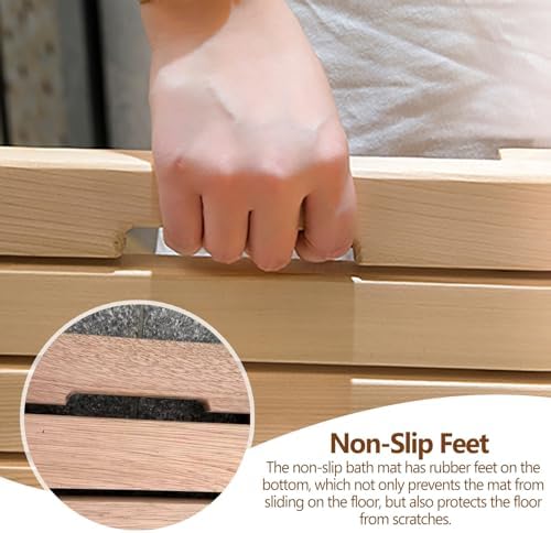 Non-Slip Wood Bath Mat,30 31 33 35 37 Ft Width Teak Wood Shower Mat - Square Bath Mat with Anti-Slip Foot & Center Drain Hole, Raised Comfortable Board for Doorway Sauna Spa Yard Patio Pool