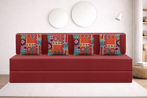 Image of Rosebell Four Seater Foldable Sofa Cum Bed (6x6 Feet) ? Jute Fabric, Washable Removable Cover, Includes Cushion | Space Saving Convertible Sofa Bed for Home, Office & Guests - Red