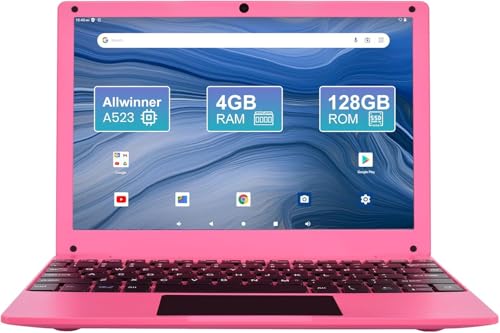 ZHAOHUIXIN Mini laptop de 10.1 pulgadas Android 12, 4 GB de RAM, 128 GB EMMC, pantalla IPS HD de computadora pequeña, 1280 x 800 píxeles, netbook portátil con CPU Allwinner A523, color rosa