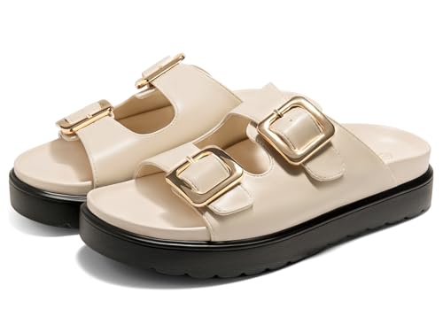 Coutgo Womens Platform Sandals Comfortable Arch Support Slip on Flat Slides Buckle Summer Beach Sandal Shoes