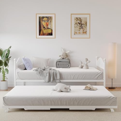 Image of Garvee Twin Daybed with Trundle, Twin Bed Frame with with Stylish Headboard | Sofa BedFrame with Pop Up Foldable Trundle Bed, Heavy Duty Steel Slats Platform for Bedroom and Guest Room, White