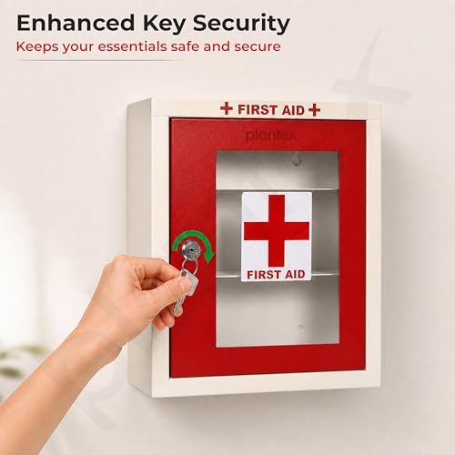 Image of Plantex First Aid Box /Emergency Medical Kit Box for Medicine Storage /Multi Compartment First Aid Kit Box for Home, School, Office with Key Lock - GI Steel (Red & Ivory)