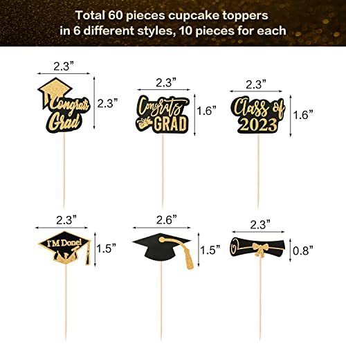 60 Pcs Graduation Cupcake Toppers Class Of 2023 Cupcake Picks Glitter Cake Cupcake Topper Decoration For Graduation Party Decoration Supplies #TOP2