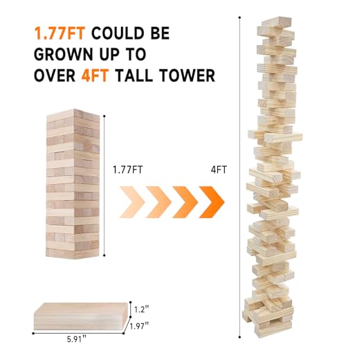 SHAREWIN Nattork Giant Tumbling Tower (Stack from 1.77Ft to 4+ Ft), Wood Stacking Giant Blocks Game| Made from Premium Pine Wood| Ideal for Family, 54PCS - Image 2