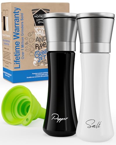 Image of HOME EC Stainless Steel Salt and Pepper Grinder Set of 2 - Adjustable Ceramic Sea Salt Grinder & Pepper Grinder - Glass Salt and Pepper Shakers - Pepper Mill & Salt Mill W /Funnel - Black and White