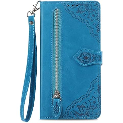 Motorola Moto G62 5G Phone Case Zip Wallet Case with Credit Card Holder Strap Stand View Premium Leather Flip Case Floral Cover Shockproof Case Cover Silicone Bumper Case Blue Cover