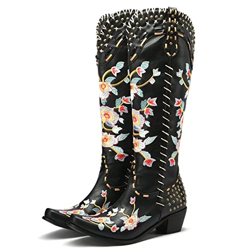 Image of YIYA Women's Star Cowboy Boots Black and White Cowgirl Boots with White Stars Pointed Toe Chunky Low Heel Pull-On Wide Calf Western Embroidered Boots