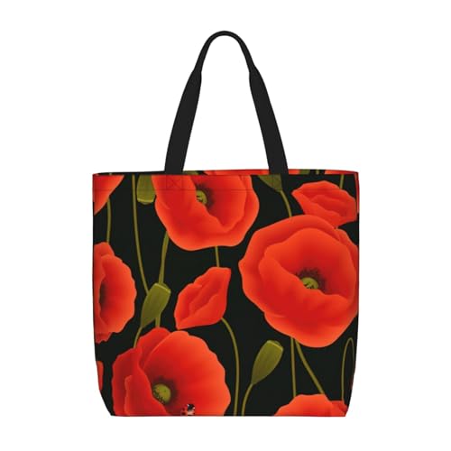 Evengigy Sac fourre-tout réutilisable avec imprimé fleurs de coquelicot et poche intérieure zippée pour femme